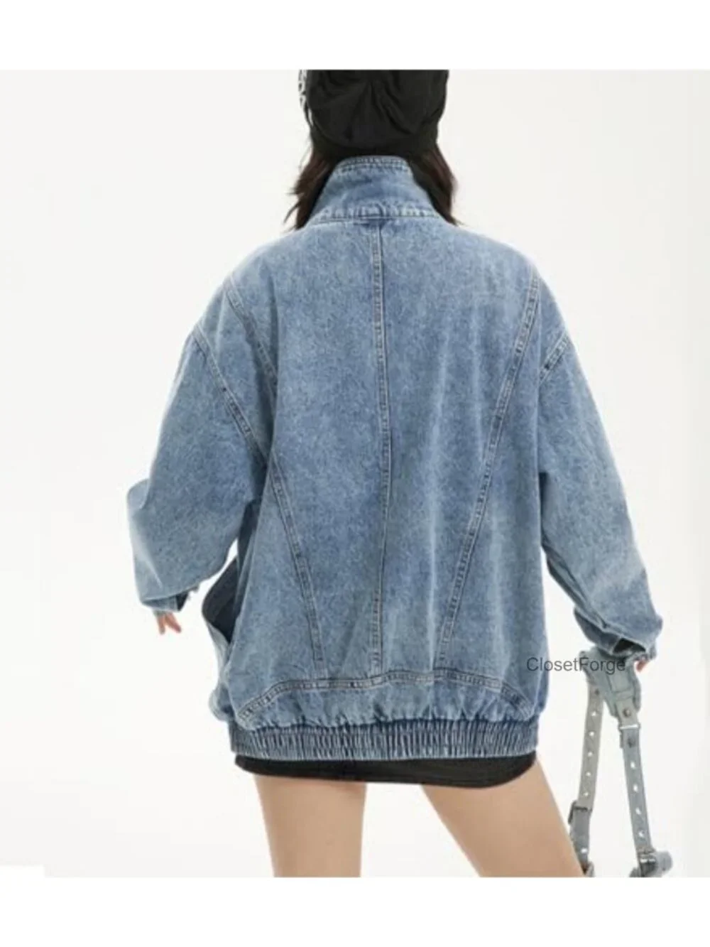 Oversized Stand Collar Shacket Jean Jacket Zip Up Distressed Frayed Denim